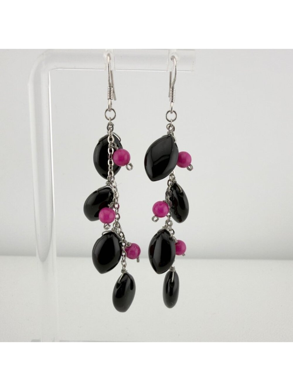Sterling Silver Long Beaded Dangle Earrings Black Pink 2.5"